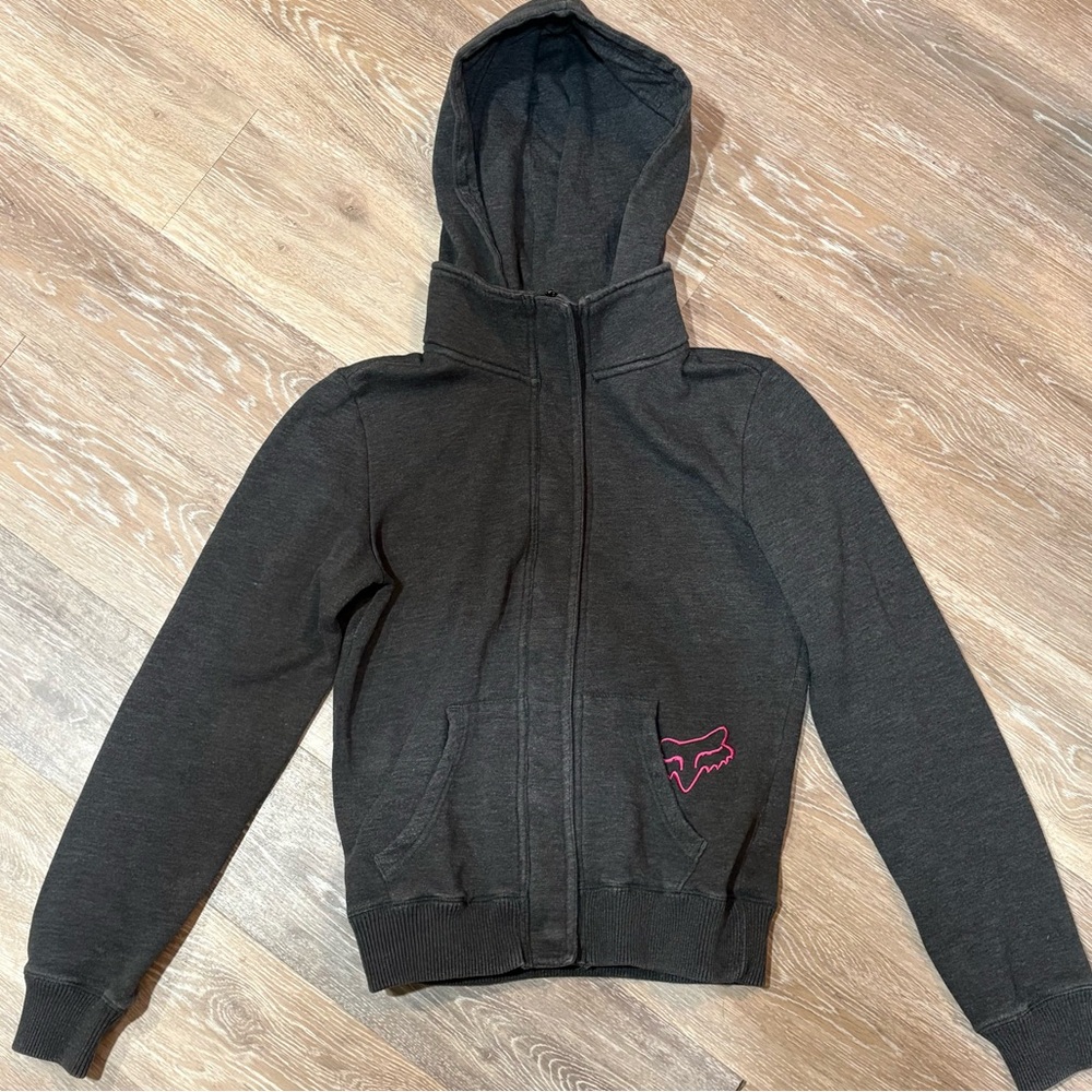 Fox Womens Charcoal Zip Up Hoodie with Pink Fox Logo